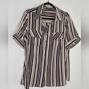 Elementz Striped Button Down Women's Short Sleeve Roll Tab Blouse Cream Black 1X